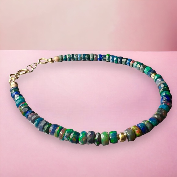 Handcrafted Solid 14k Rose Gold Natural Black Opal Bracelet 7.32" - 7.68" - Picture 8 of 9